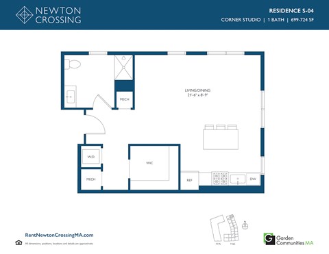 Floor plan for studio, 1 bath, 724 sqft